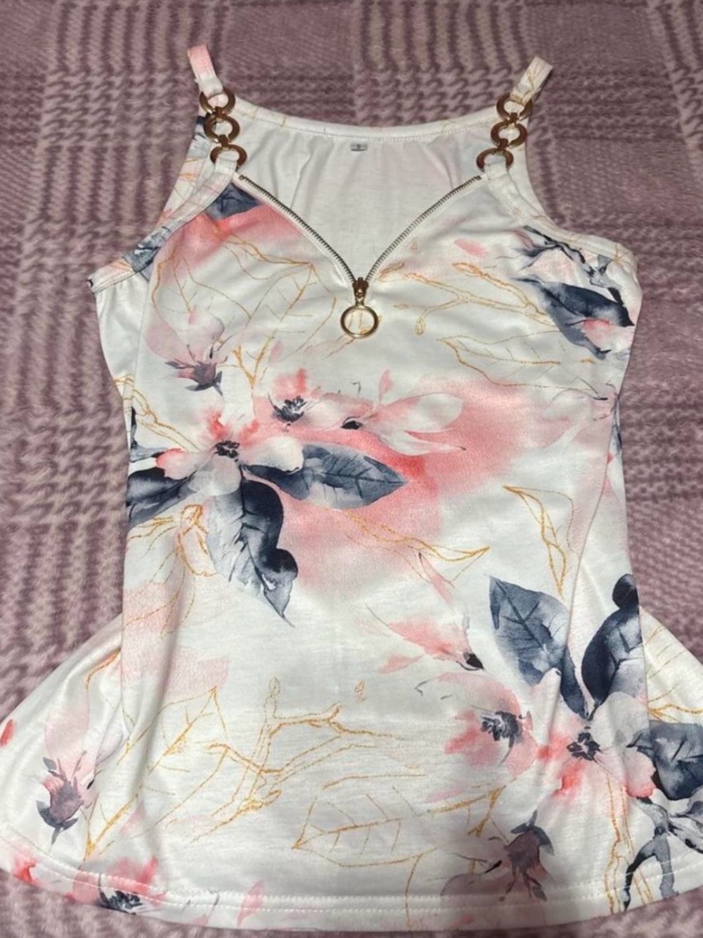 Floral Zip-Front Women's Tank Top in Pink & Gray